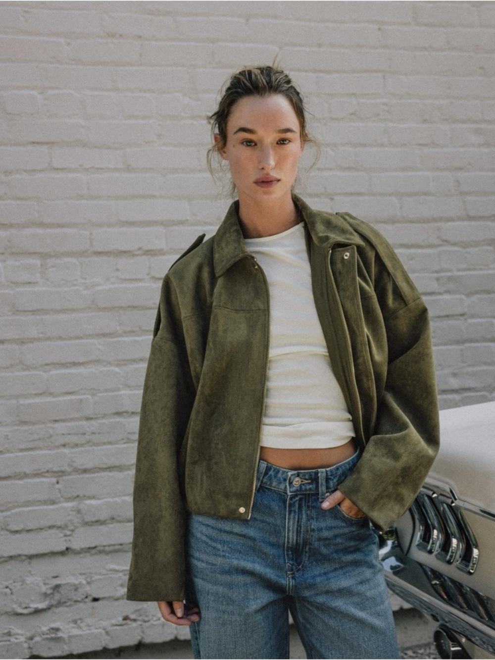 Olive Suede Effect Bomber Jacket - Zara Size S